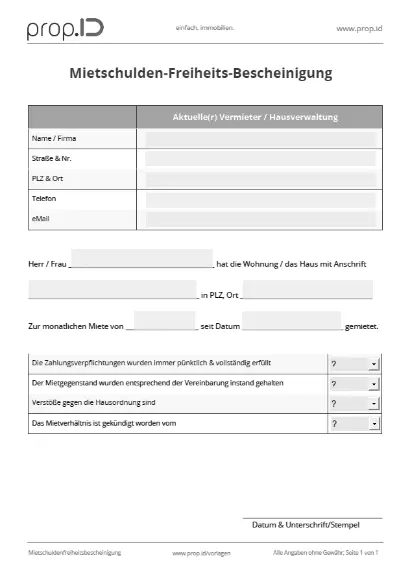 Mietschulden-Freiheitsbescheinigung: Formular zum Download Mietschulden-Freiheitsbescheinigung: Formular zum Download