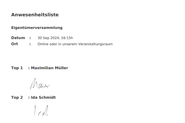 Die Anwesenheitsliste wird automatisch in das Versammlungsprotokoll der Eigentümerversammlung (ETV) integriert.