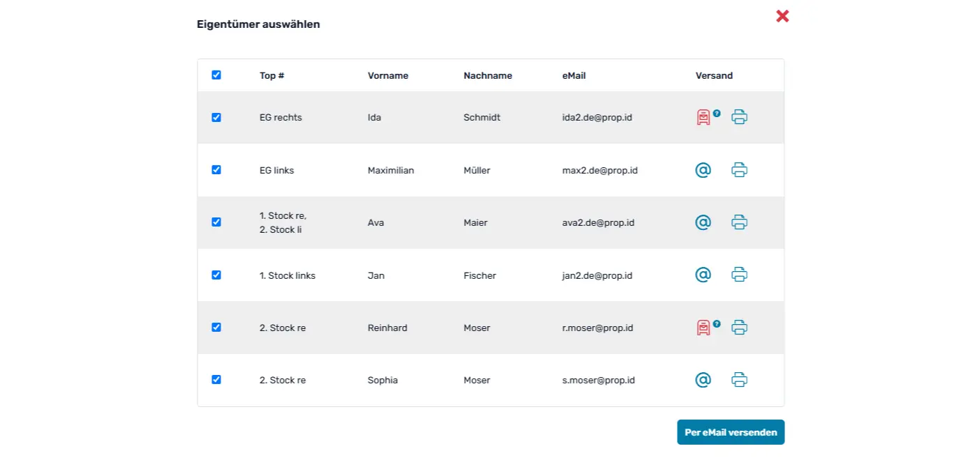 Einladung zum Umlaufbeschluss per eMail verschicken oder Stimmzettel für Postversand ausdrucken
