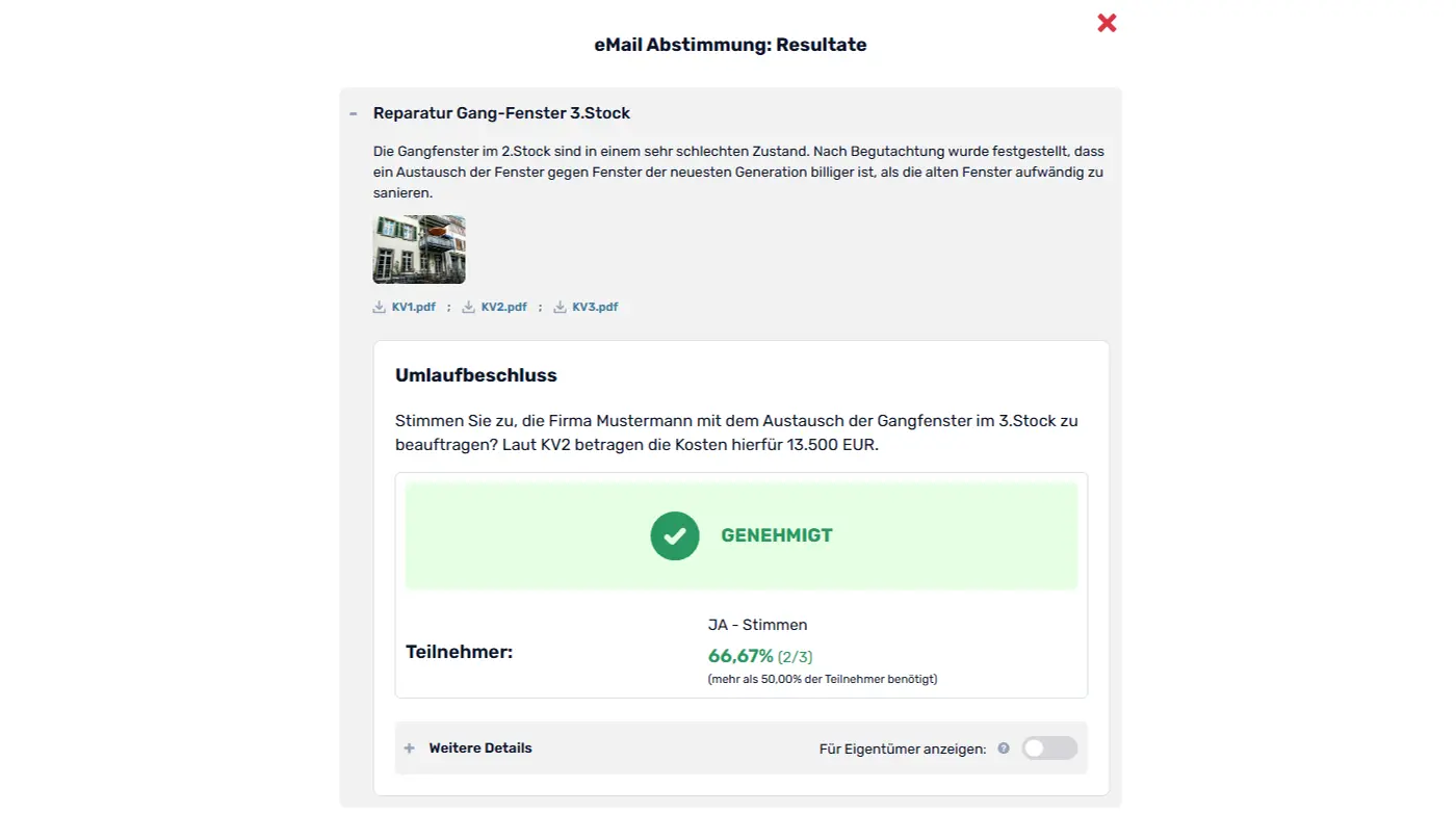 Zwischenresultate des Umlaufbeschlusses jederzeit einsehbar. Abstimmungsfrist mit ein paar Klicks verlängerbar