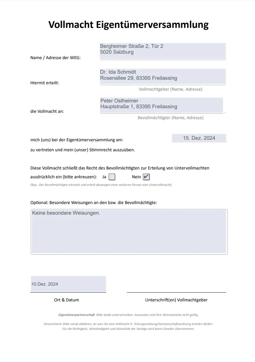 Form for granting a power of attorney for an owners' meeting