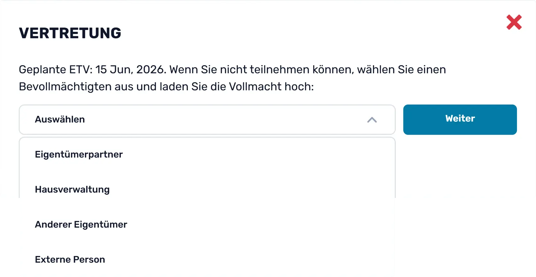 Eigentümer erstellen eine Vollmacht zur Teilnahme an einer Eigentümerversammlung (ETV) Eigentümer erstellen eine Vollmacht zur Teilnahme an einer Eigentümerversammlung (ETV)